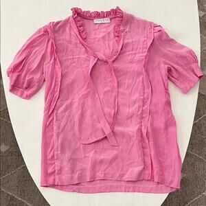 SANDRO 100% Silk Bright Pink Ruffle Romantic Tie Neck Blouse Women's Medium $285